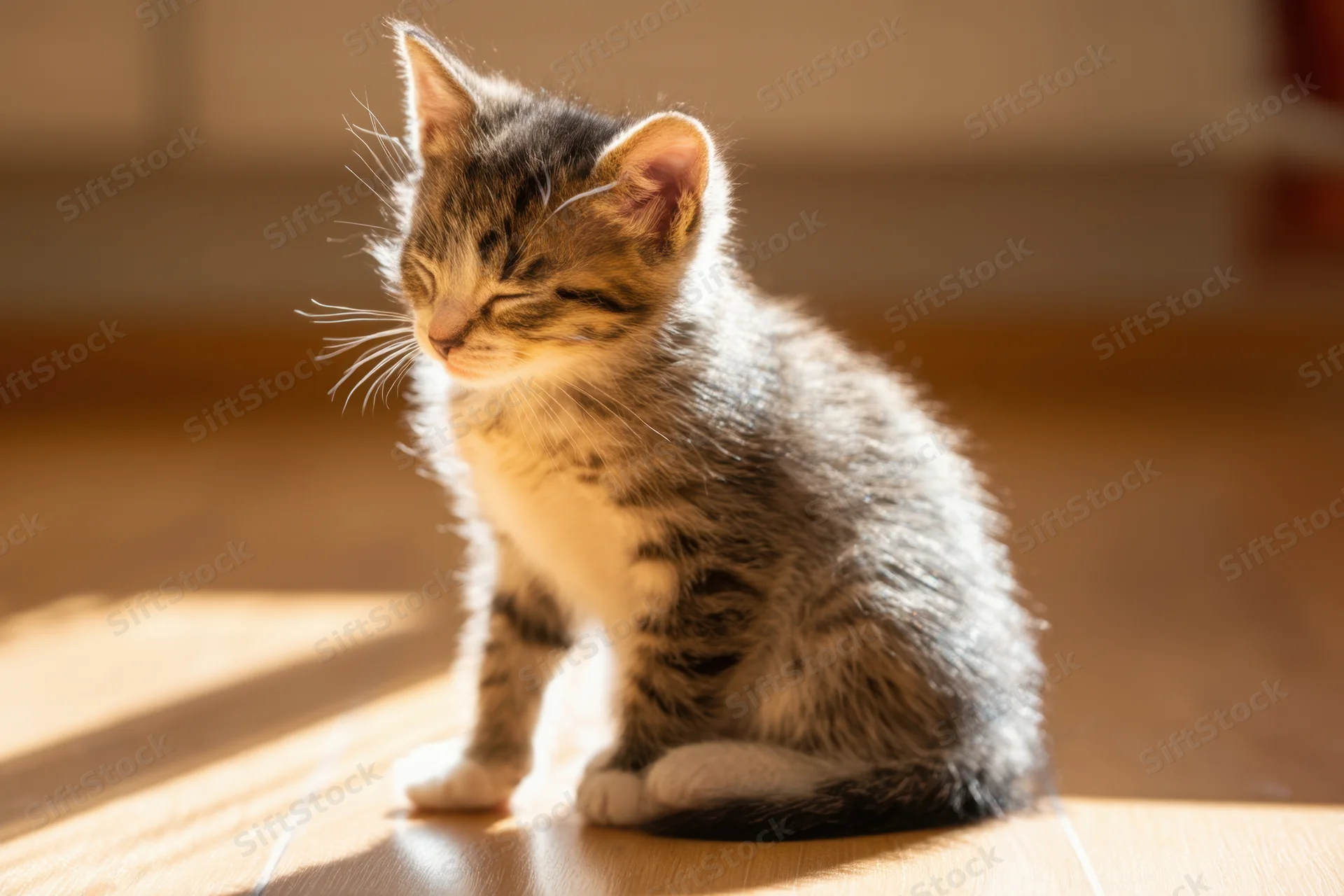 Tiny tabby kitten sitting on sunlit wooden floor with eyes closed
