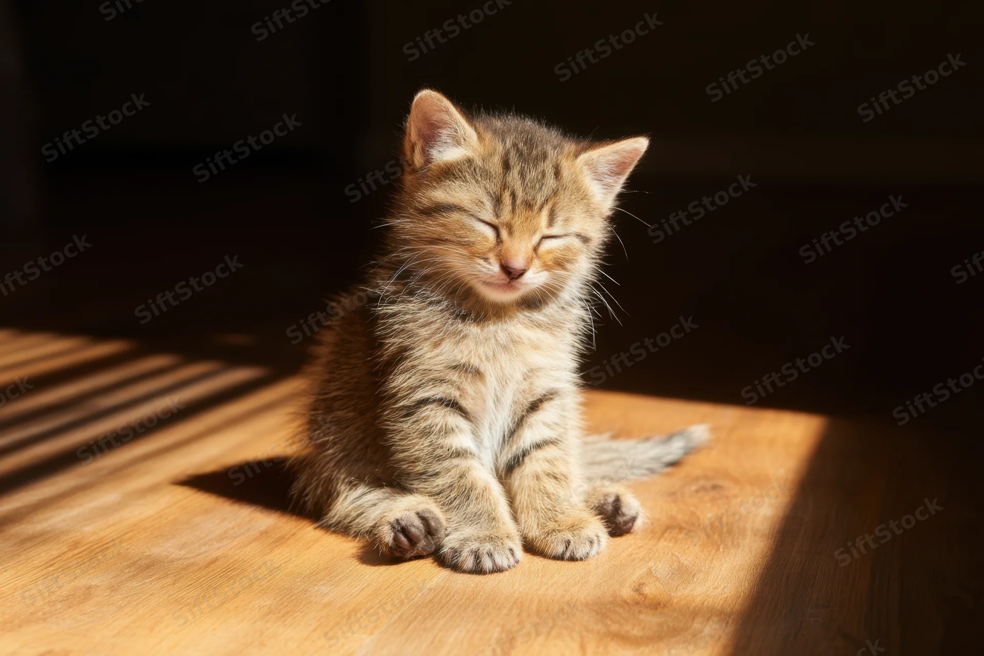Tiny tabby kitten sitting with eyes closed on sunlit wooden floor