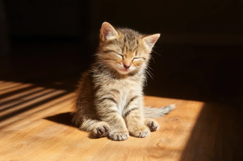 Tiny tabby kitten sitting with eyes closed on sunlit wooden floor