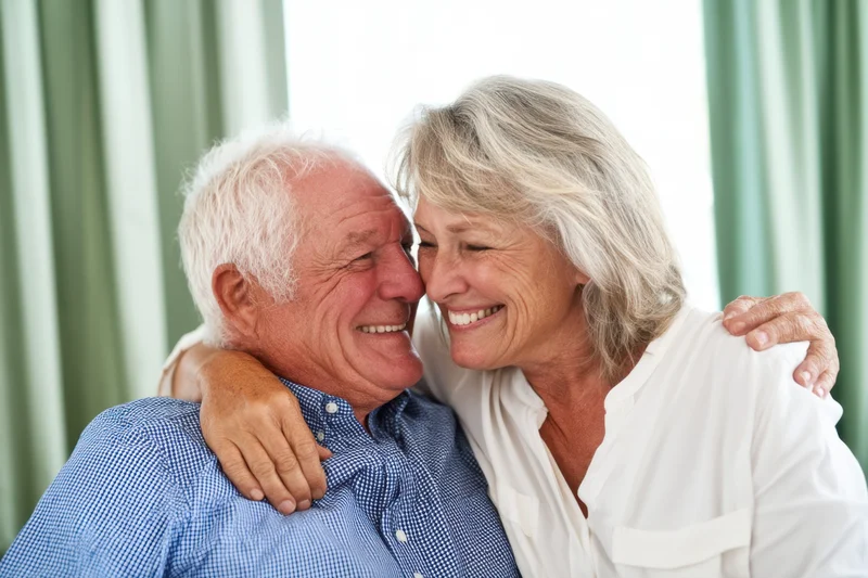 Senior couple embracing and smiling closely in a sunlit room with green curtains