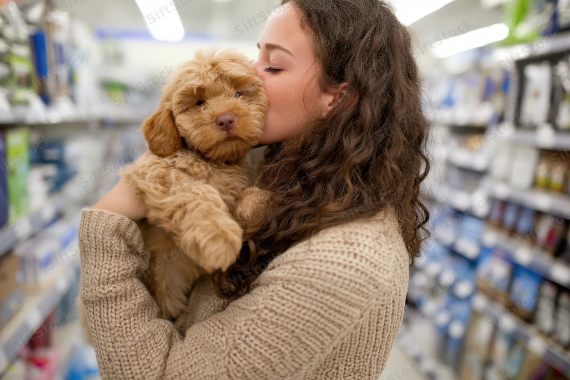 Woman kissing small fluffy puppy while holding it in a supermarket aisle