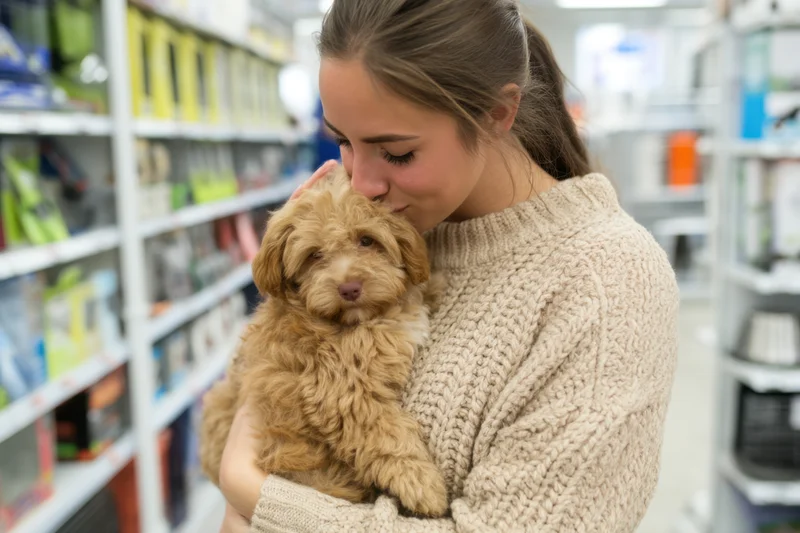 Woman holding small fluffy puppy in pet store aisle