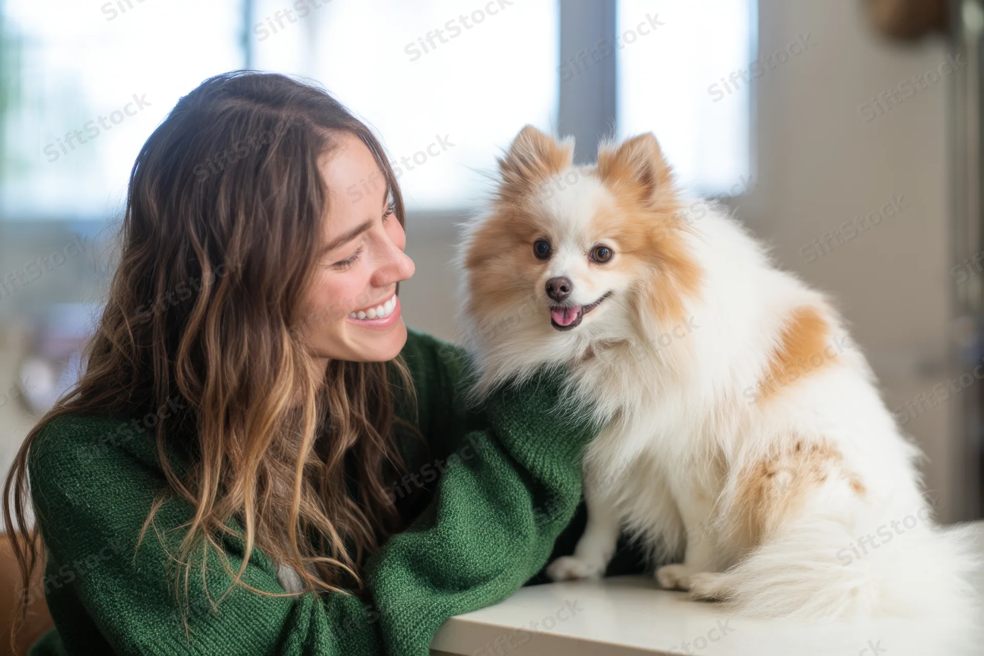 Woman smiling at fluffy pomeranian dog sitting on table indoors