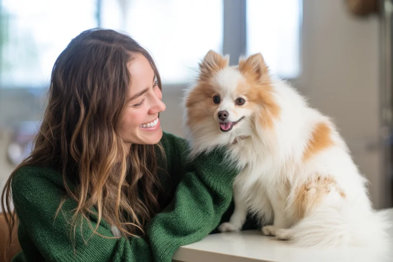 Woman smiling at fluffy pomeranian dog sitting on table indoors