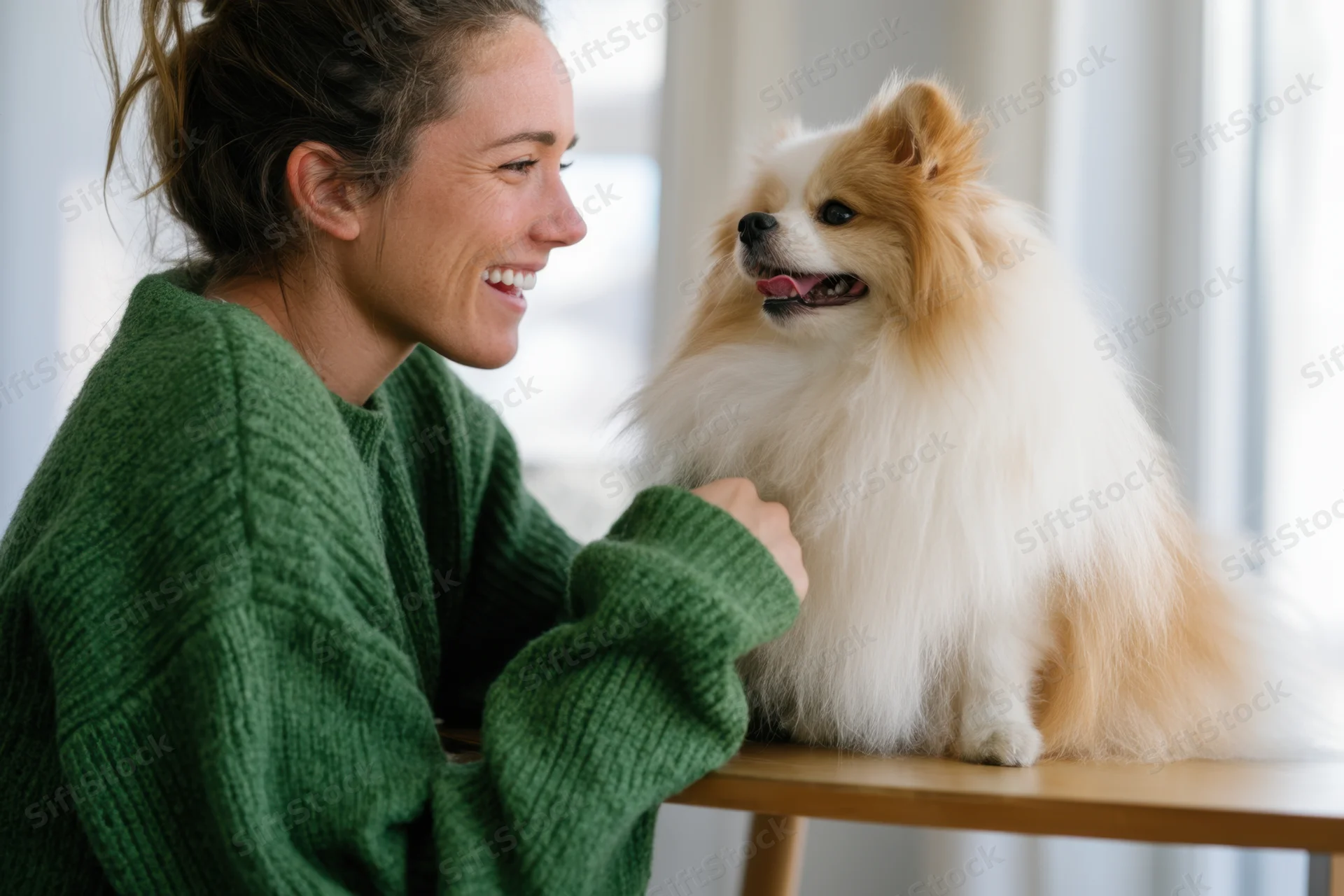 Woman smiling at fluffy pomeranian dog on wooden table indoors