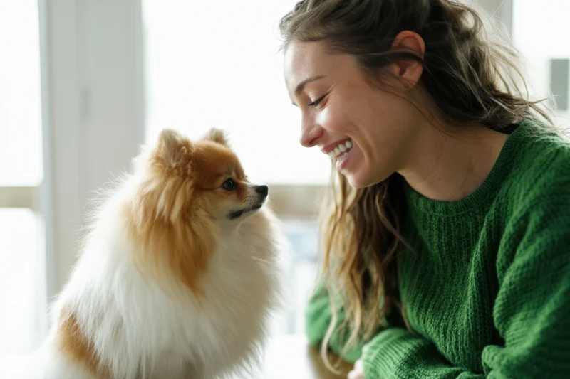 Woman smiling warmly at a fluffy pomeranian dog indoors near a window
