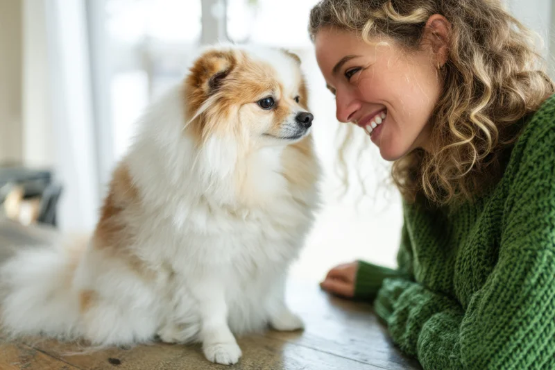 Woman smiling at fluffy white and brown spitz dog sitting on wooden floor indoors