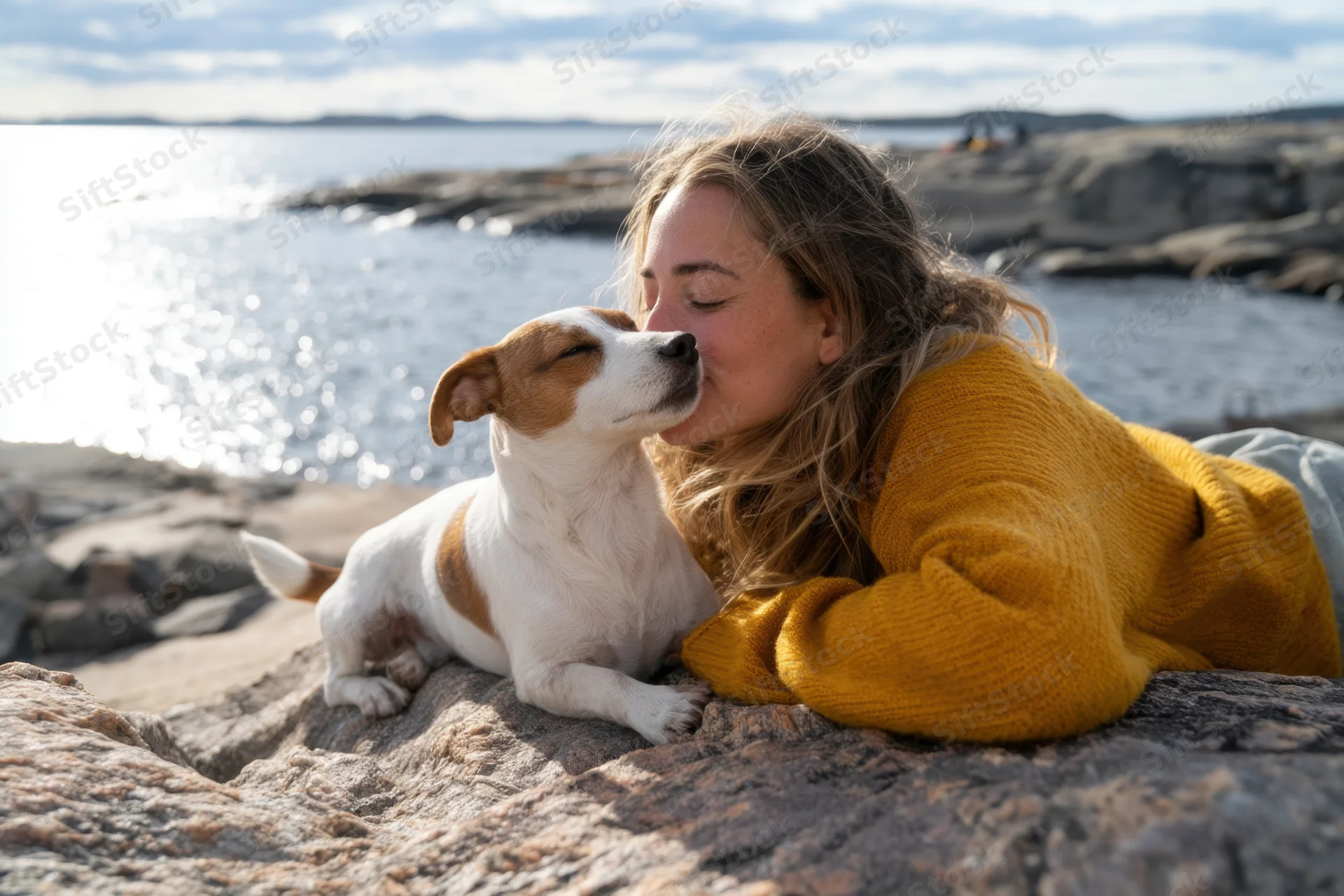 Woman kissing jack russell dog on rocky waterfront by ocean