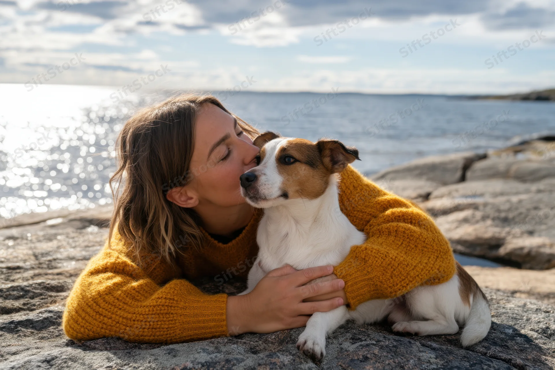 Woman kissing jack russell dog on rocky waterfront by the sea