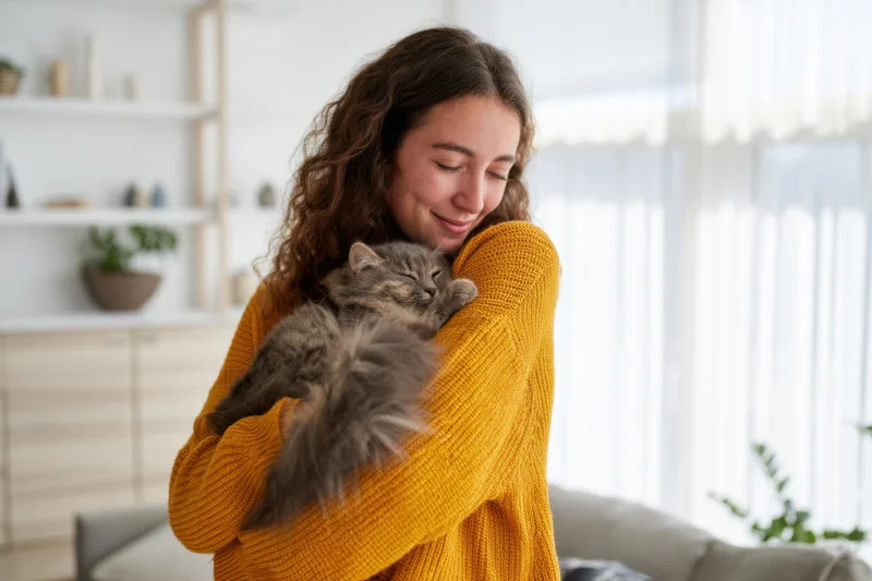 Woman hugging a fluffy gray cat in a cozy living room interior