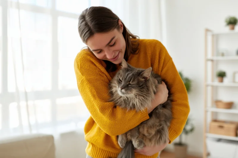 Woman hugging fluffy gray cat in living room