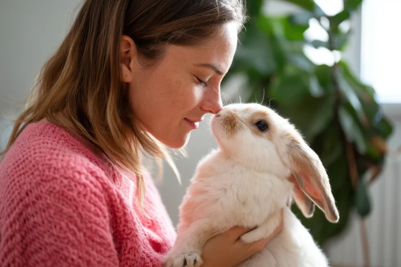Woman holding a fluffy white rabbit close to her face indoors
