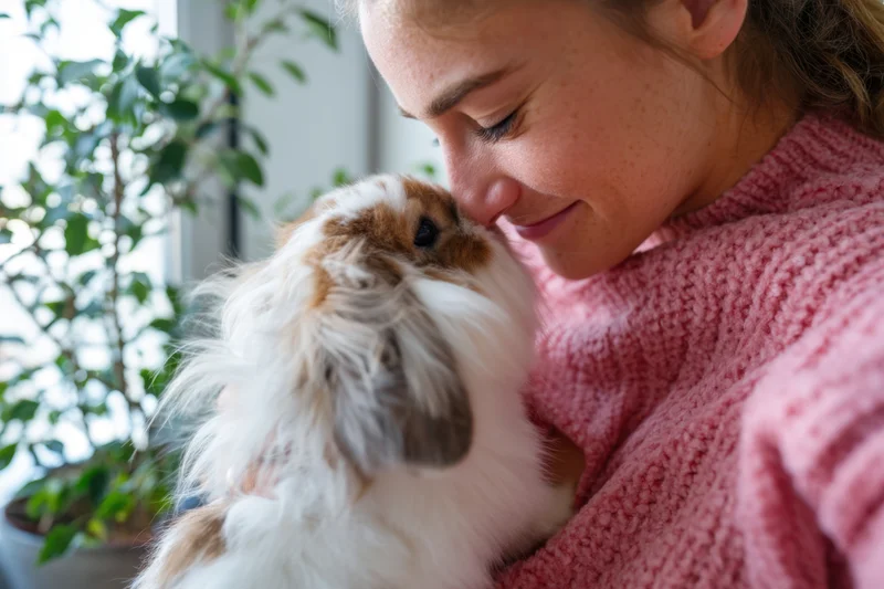 Woman holding fluffy rabbit close to her face indoors