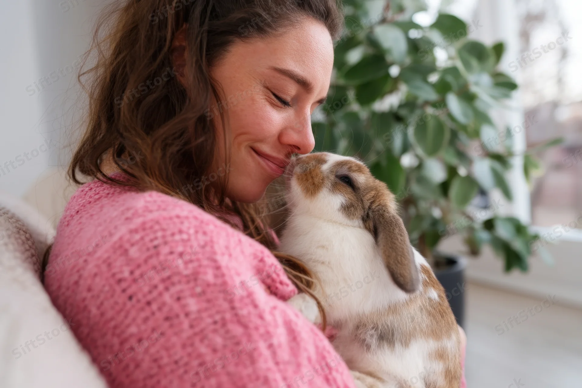 Woman holding a fluffy rabbit close to her face in a cozy indoor setting