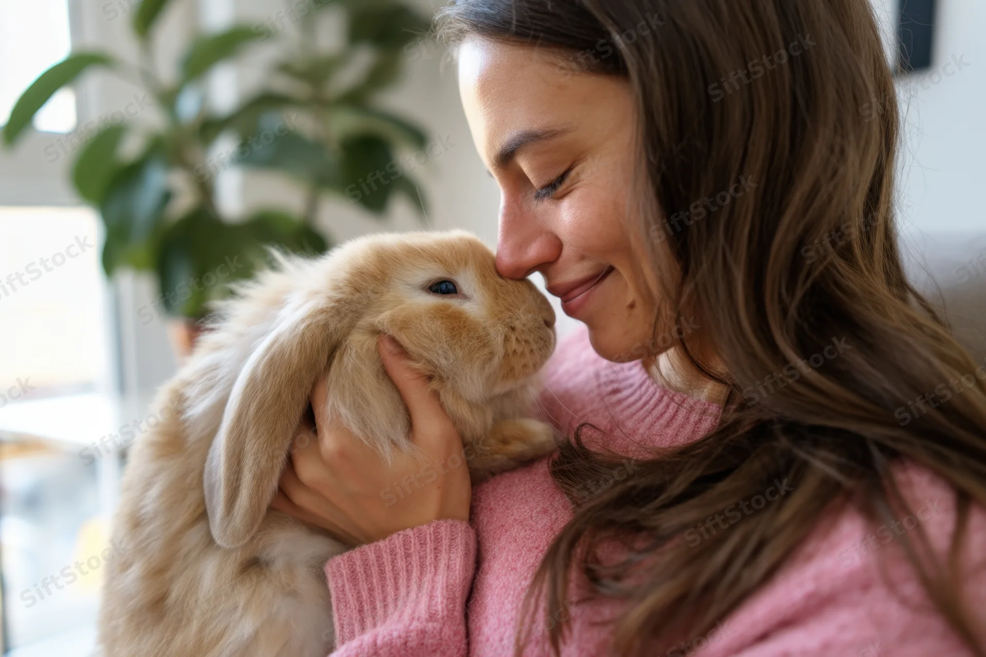 Woman holding fluffy rabbit close to her face indoors