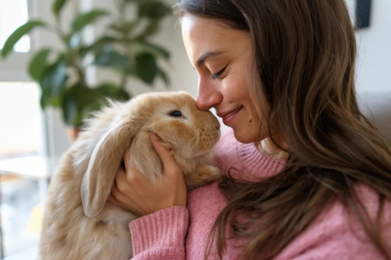 Woman holding fluffy rabbit close to her face indoors
