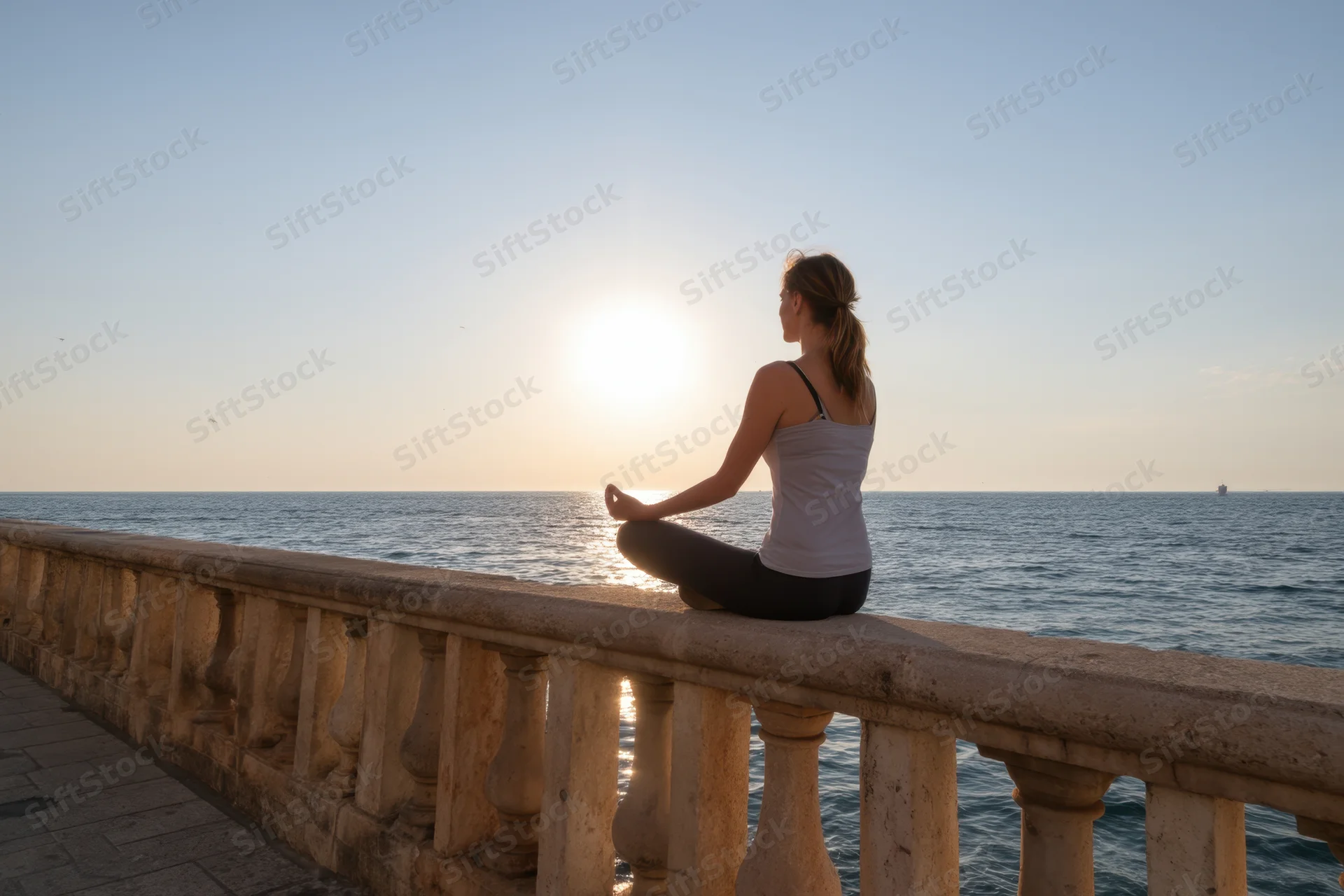 Woman meditating cross-legged on stone railing by ocean at sunset