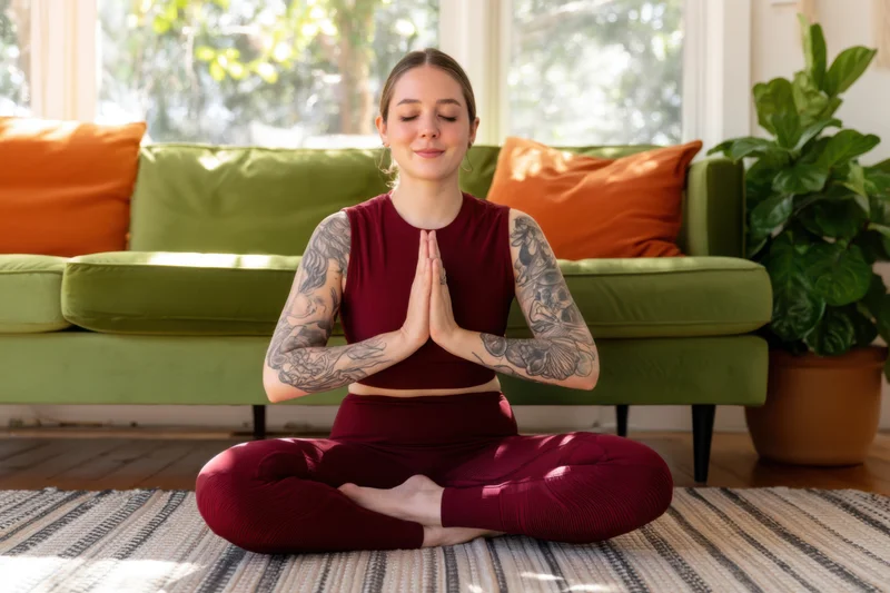 Woman meditating in lotus pose on striped rug in sunlit living room