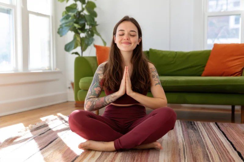 Woman meditating in prayer position on striped rug in sunlit living room