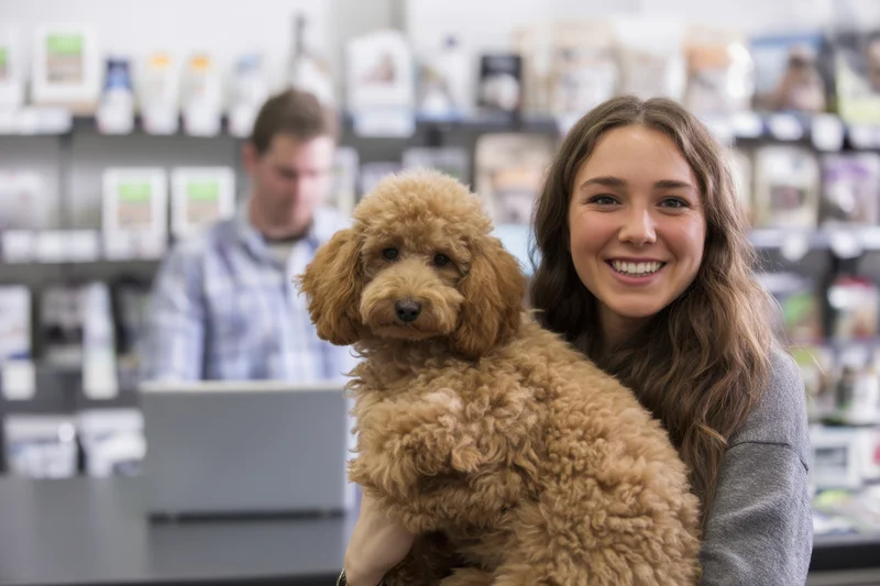 Woman holding fluffy brown poodle in pet store smiling at camera
