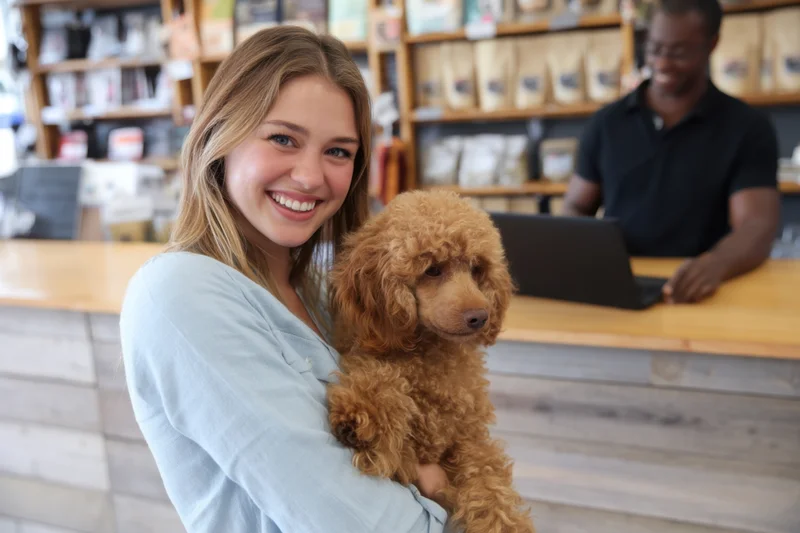 Woman smiling while holding a fluffy brown poodle in a pet store