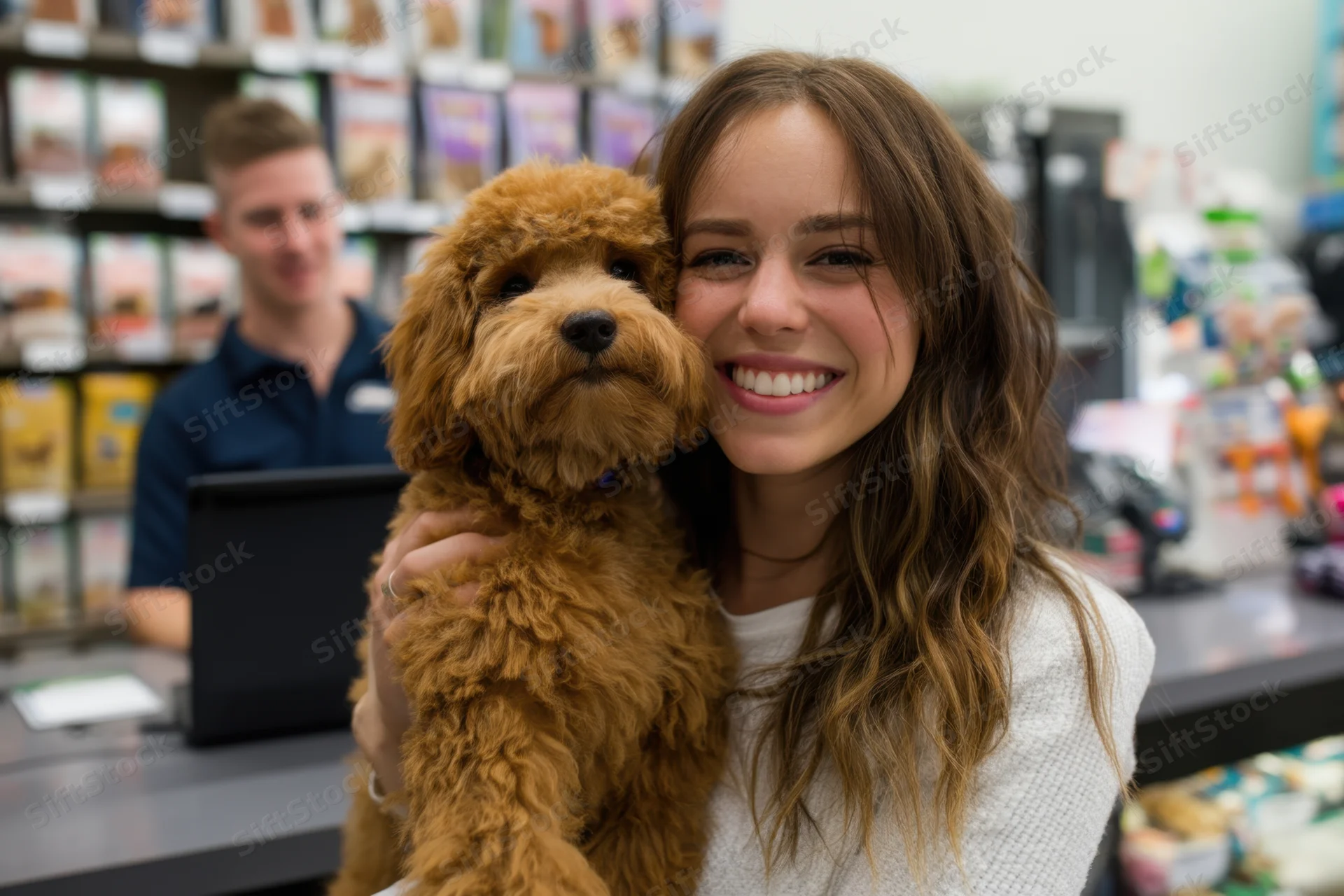 Woman smiling while holding a fluffy brown poodle at a pet store checkout counter