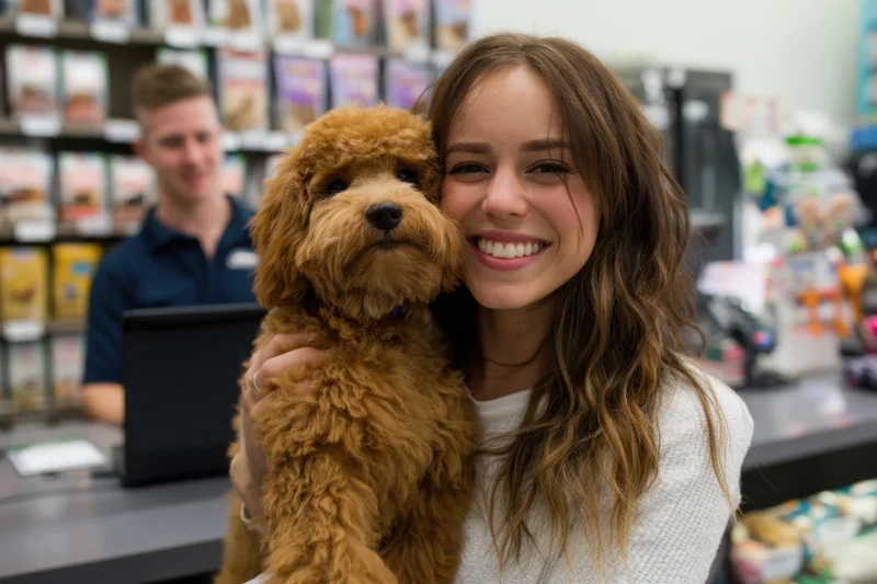 Woman smiling while holding a fluffy brown poodle at a pet store checkout counter