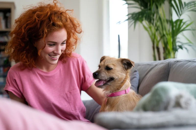 Woman smiling at dog while sitting on couch in living room