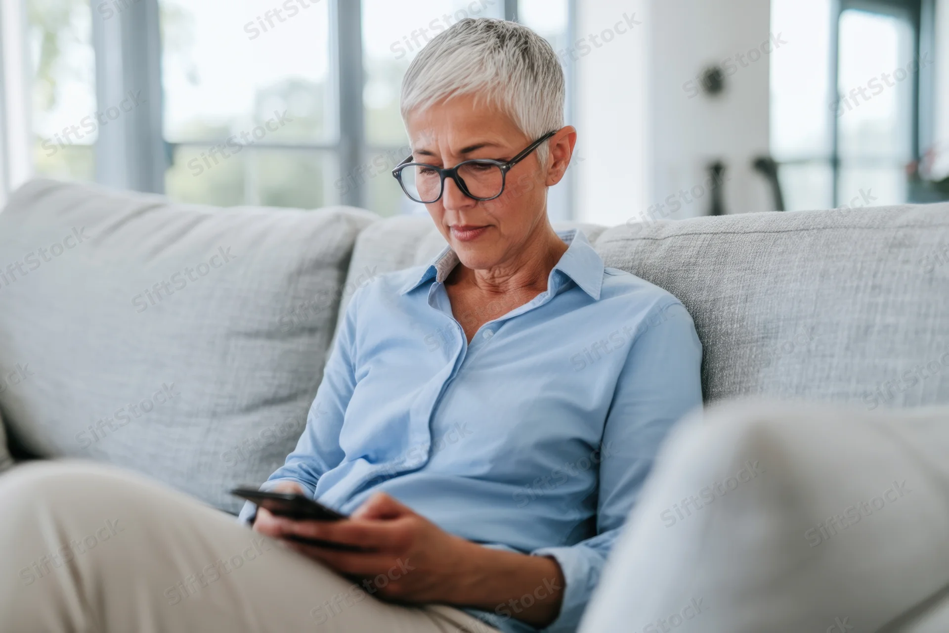 Senior woman with gray hair and glasses sitting on a light gray sofa using a smartphone in a living room