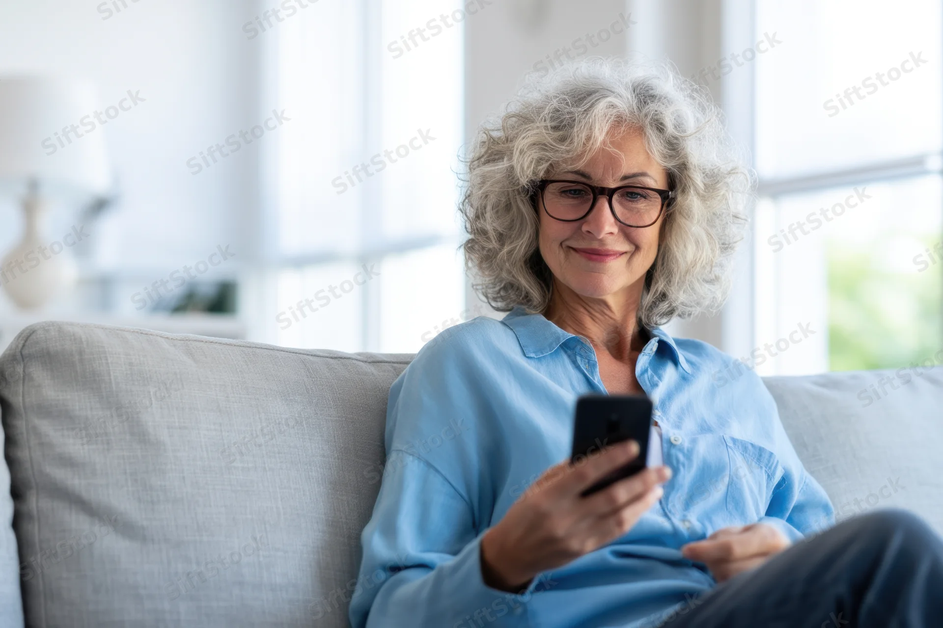 Senior woman with gray hair and glasses smiling while using smartphone on light gray couch in living room