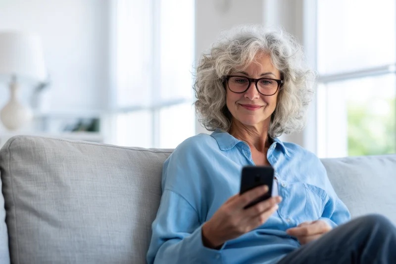 Senior woman with gray hair and glasses smiling while using smartphone on light gray couch in living room
