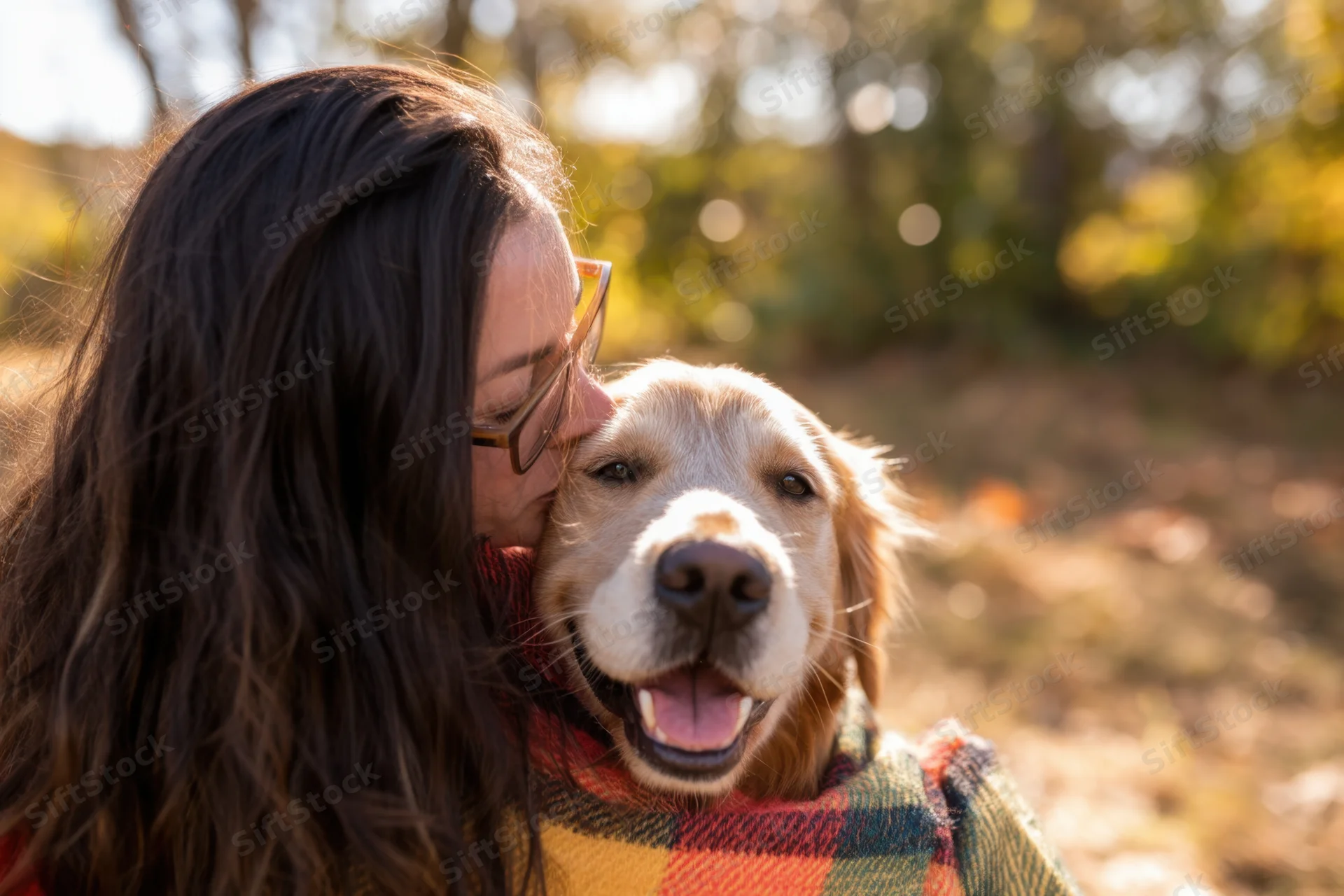 Woman hugging golden retriever in autumn park wearing plaid scarf