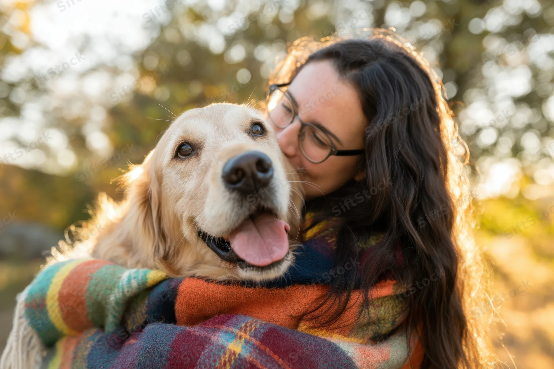 Woman hugging golden retriever wrapped in plaid blanket outdoors