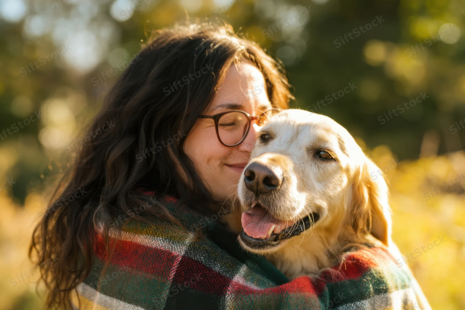 Woman hugging golden retriever outdoors in autumn sunlight