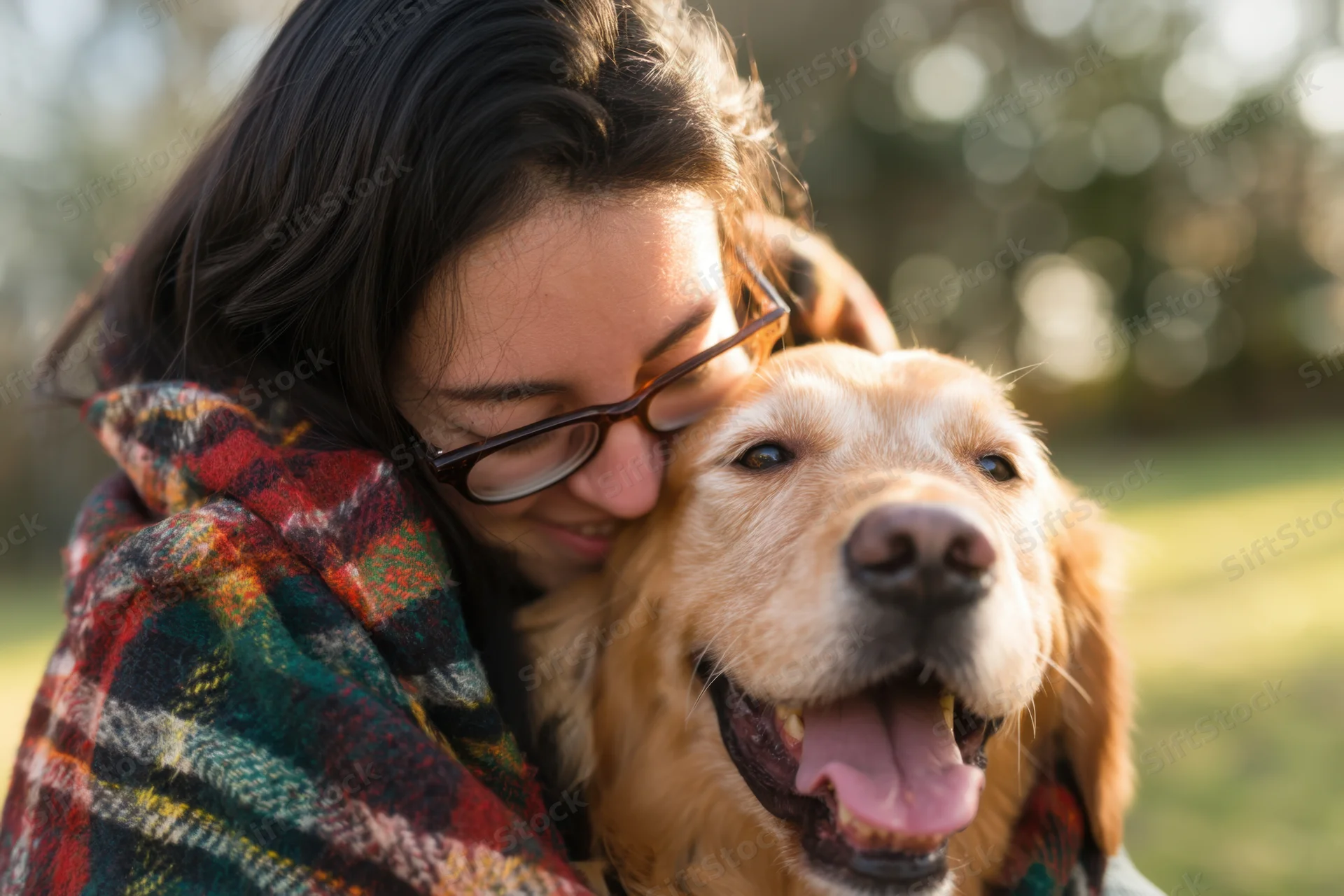 Woman hugging golden retriever outdoors in a park setting