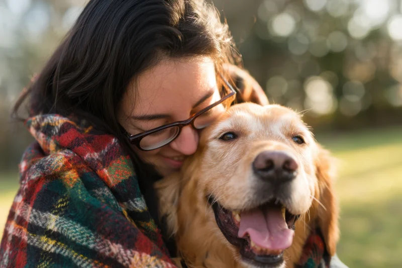 Woman hugging golden retriever outdoors in a park setting