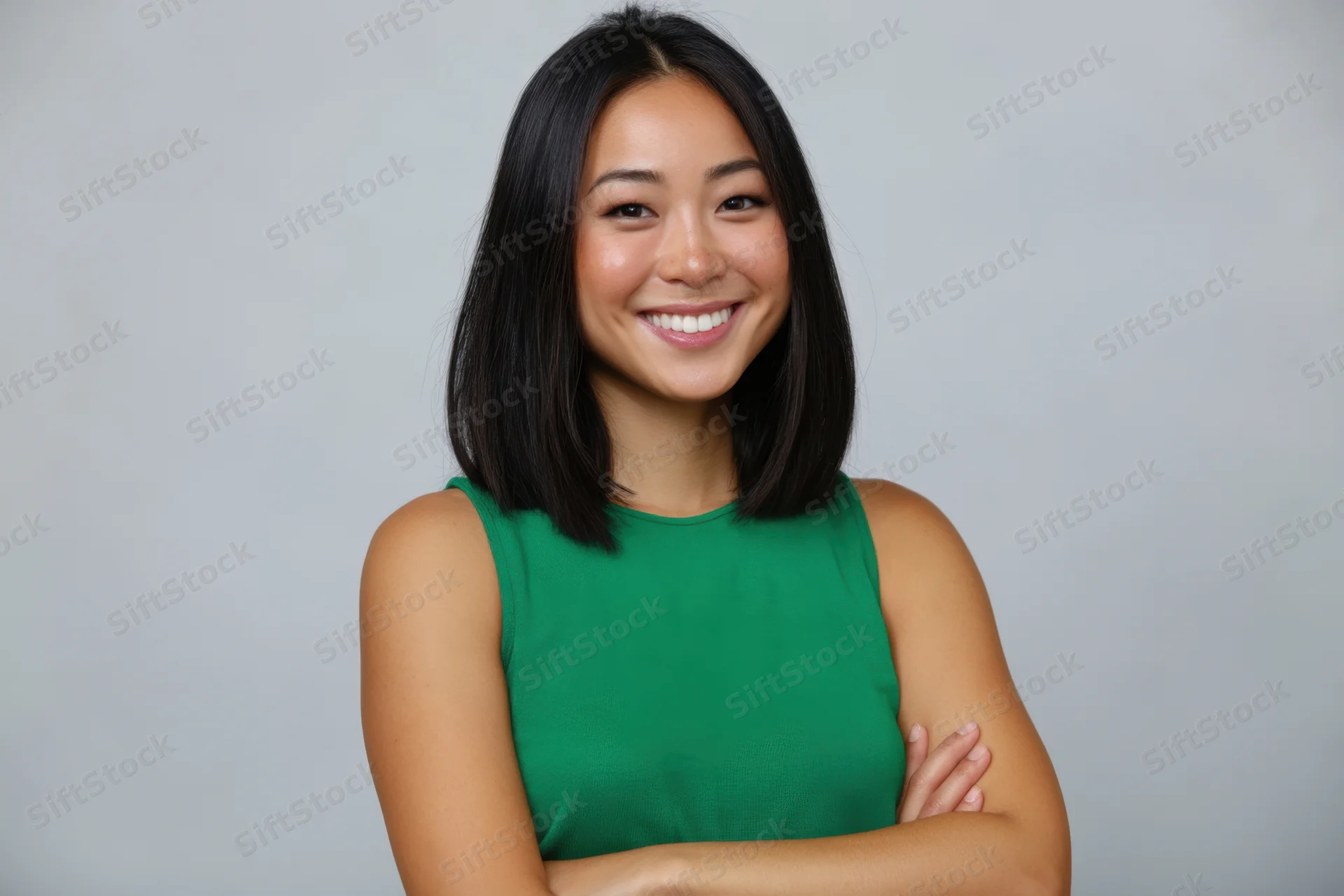 Smiling woman with arms crossed wearing green sleeveless top in studio portrait