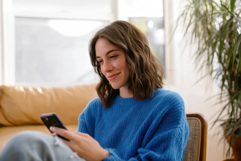 Woman smiling while using smartphone on sofa in living room