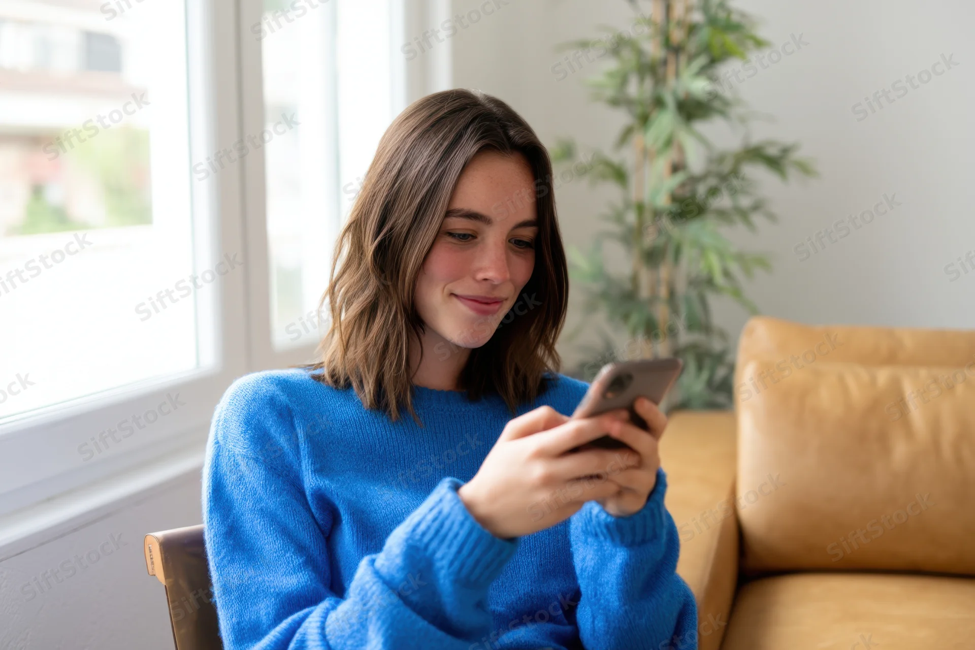 Woman smiling while texting on smartphone at home near window