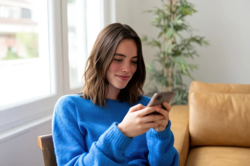 Woman smiling while texting on smartphone at home near window