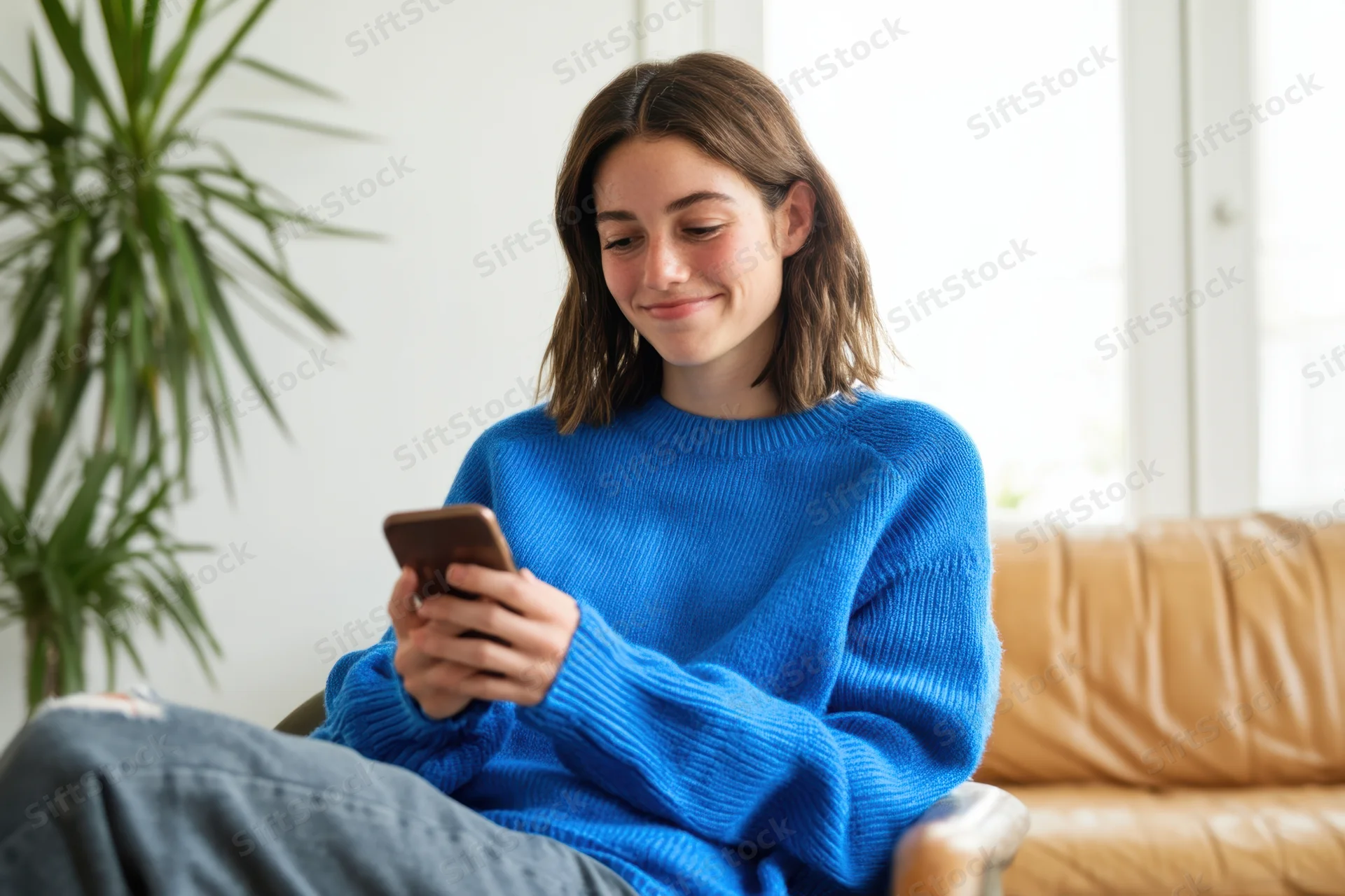 Woman smiling while using smartphone on sofa in living room