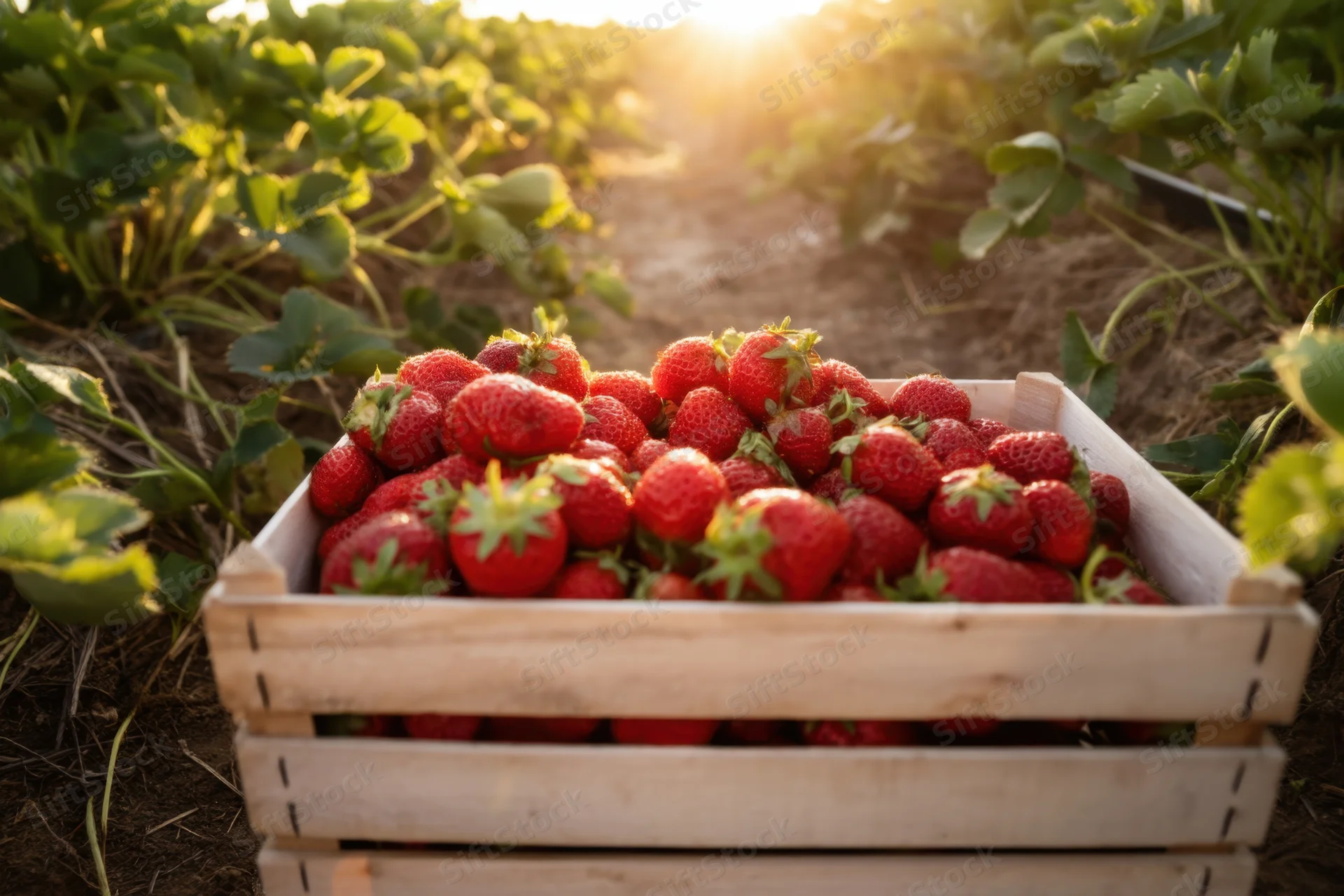 Wooden crate filled with red strawberries in a strawberry field at sunset
