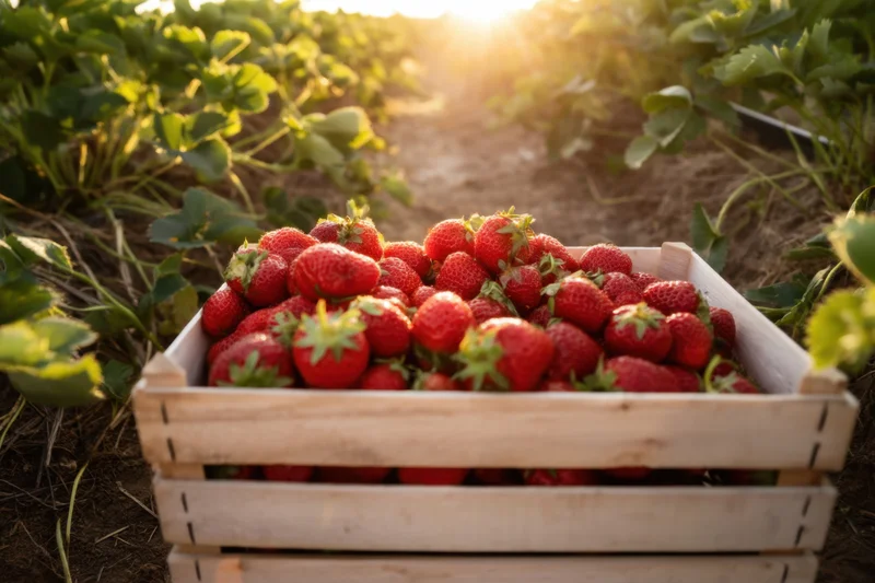 Wooden crate filled with red strawberries in a strawberry field at sunset