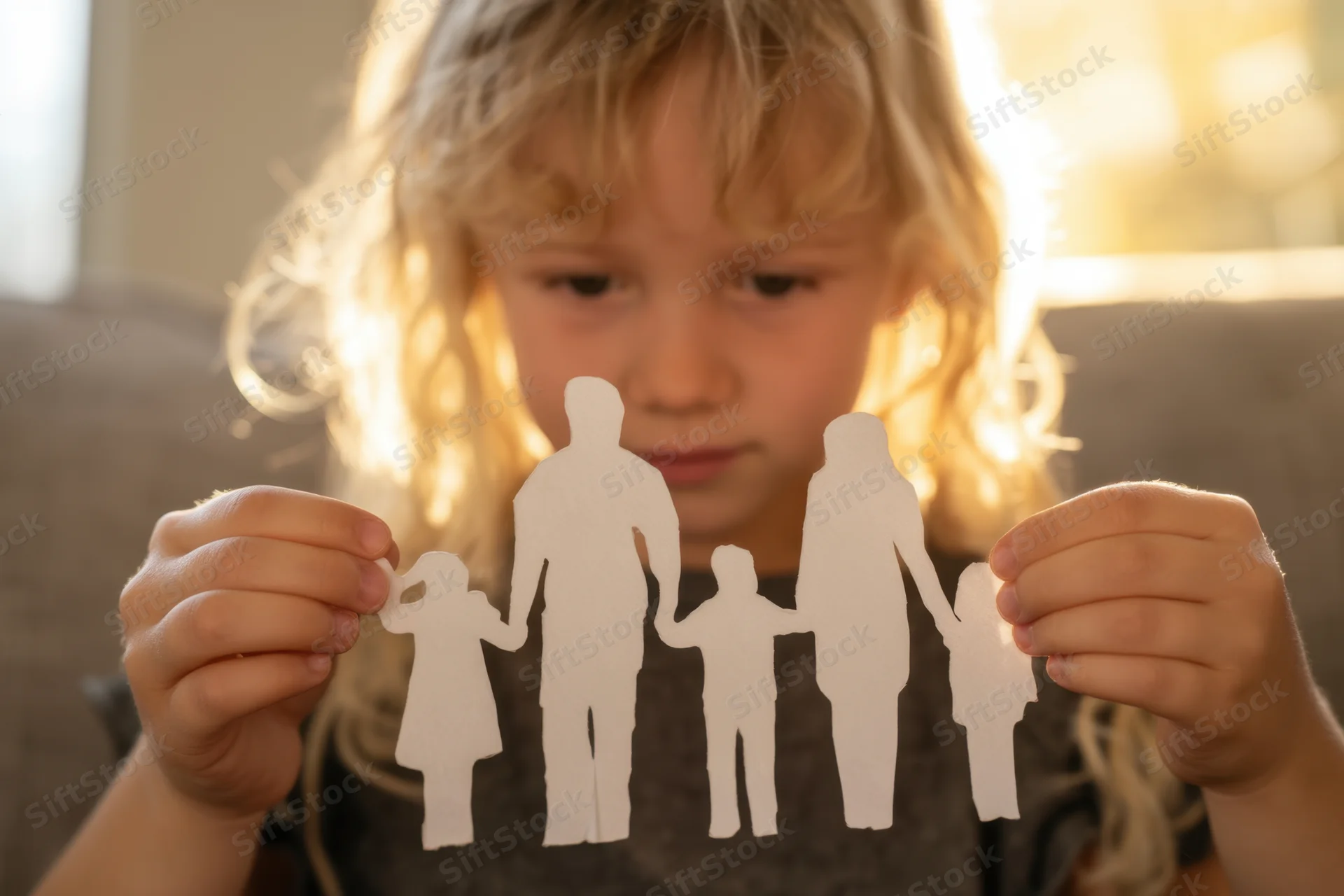 Young blonde girl holding white paper family silhouettes in front of her face indoors