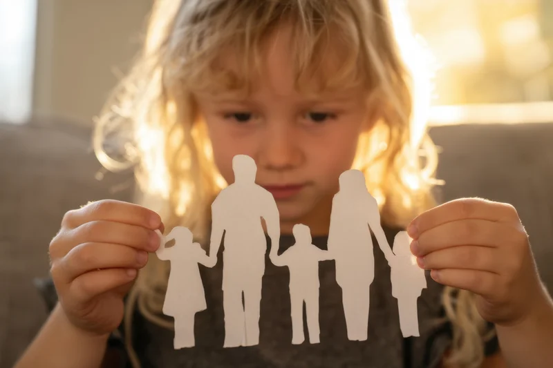 Young blonde girl holding white paper family silhouettes in front of her face indoors