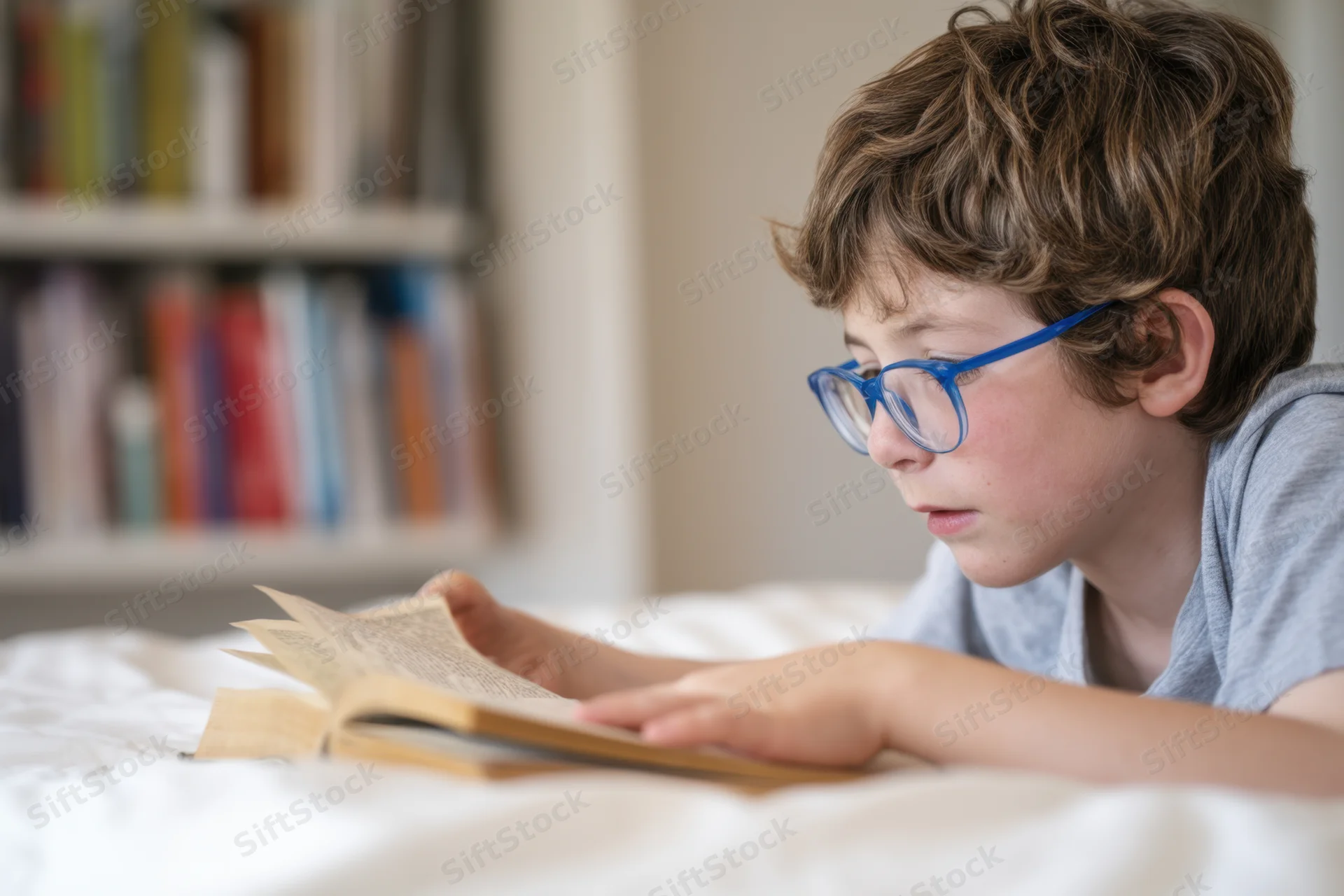 Young boy with blue-framed glasses reading a book while lying on a bed in a bedroom