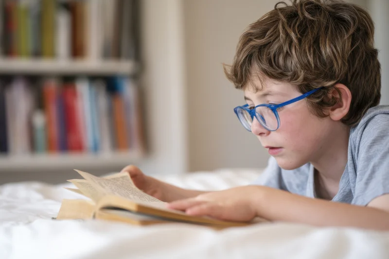 Young boy with blue-framed glasses reading a book while lying on a bed in a bedroom