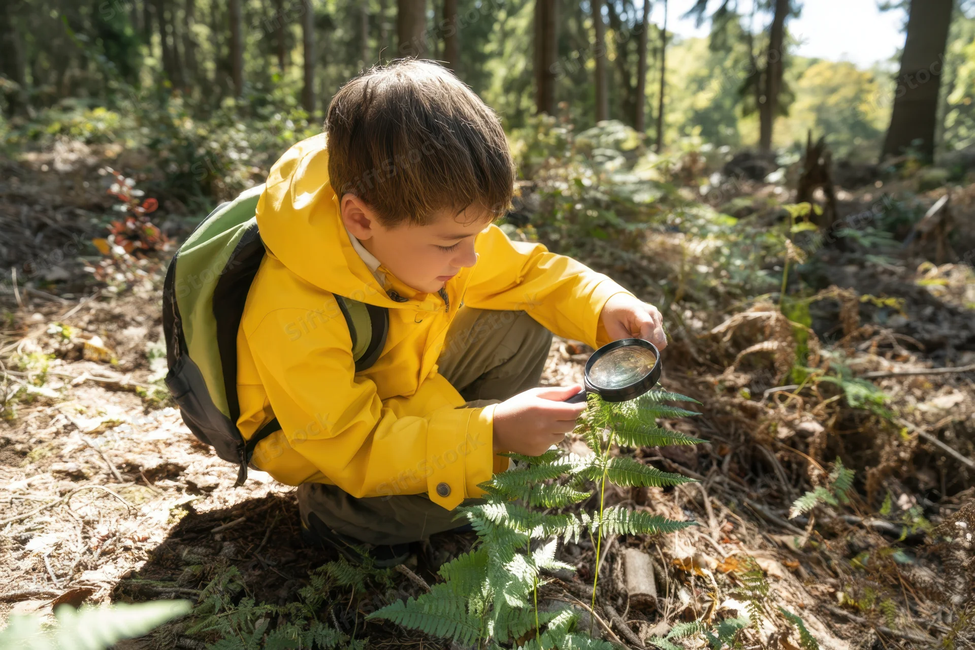 Young boy crouching in forest examining fern with magnifying glass
