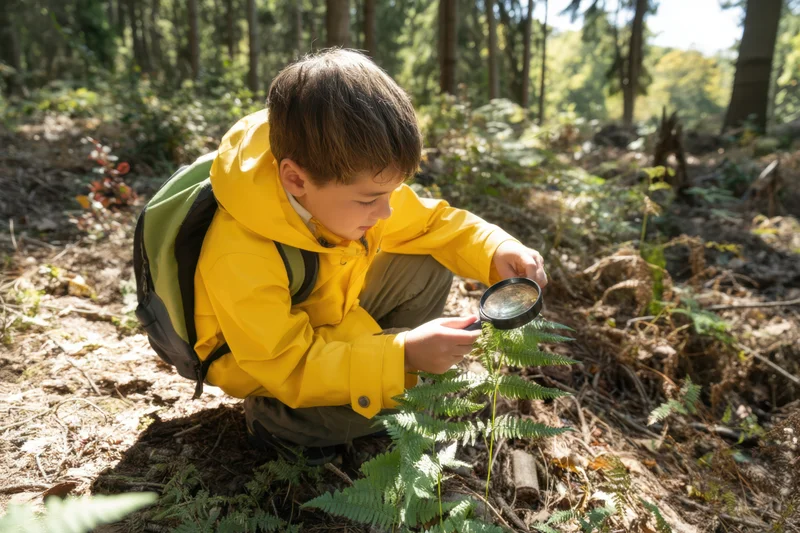 Young boy crouching in forest examining fern with magnifying glass