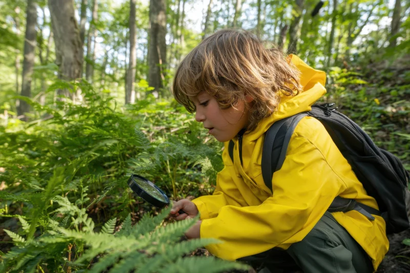 Young boy in yellow jacket crouching to examine ferns with magnifying glass in forest